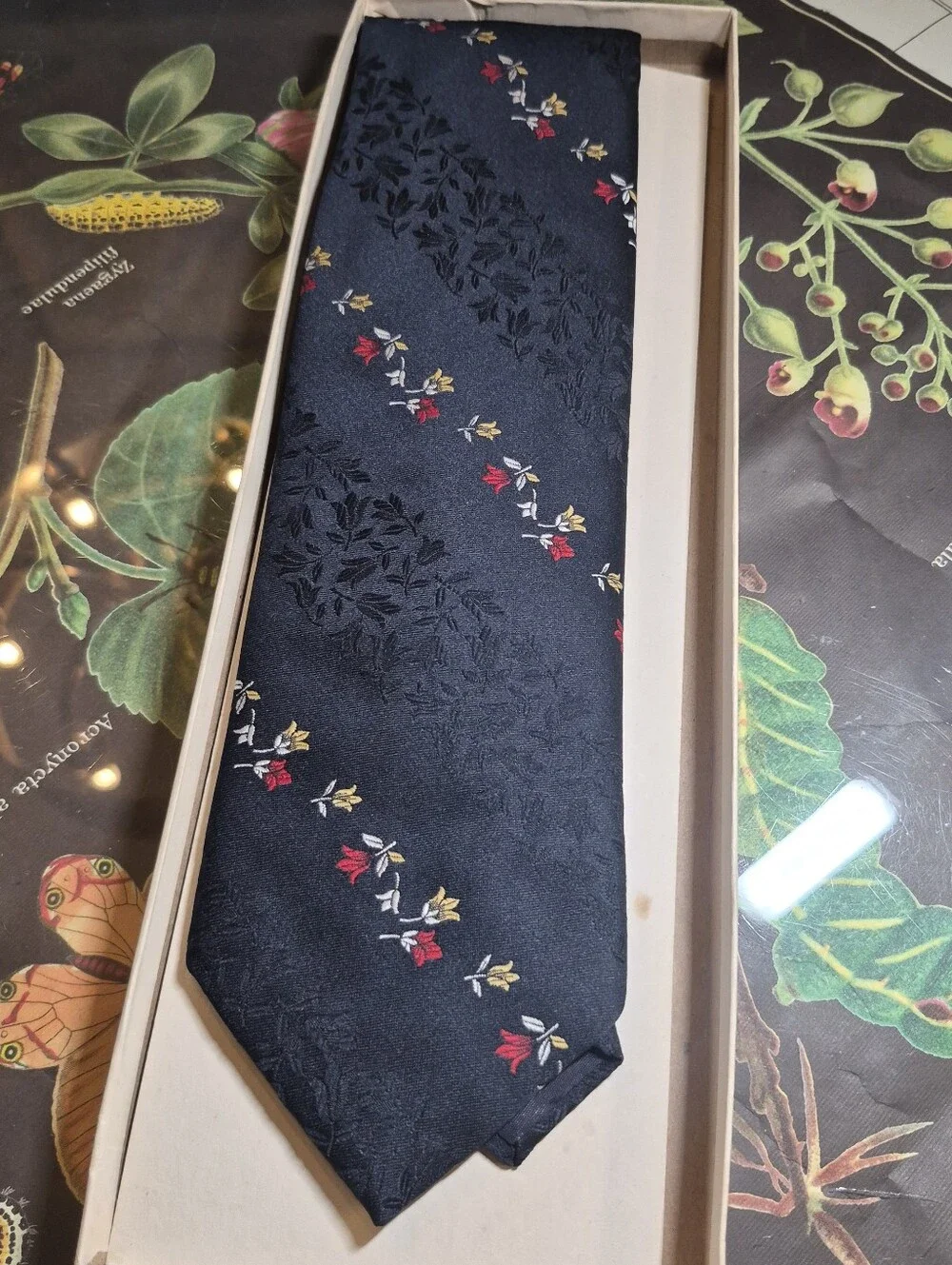 VINTAGE Men's Navy Floral Jacquard Tie - Navy with Red & Yellow Accents